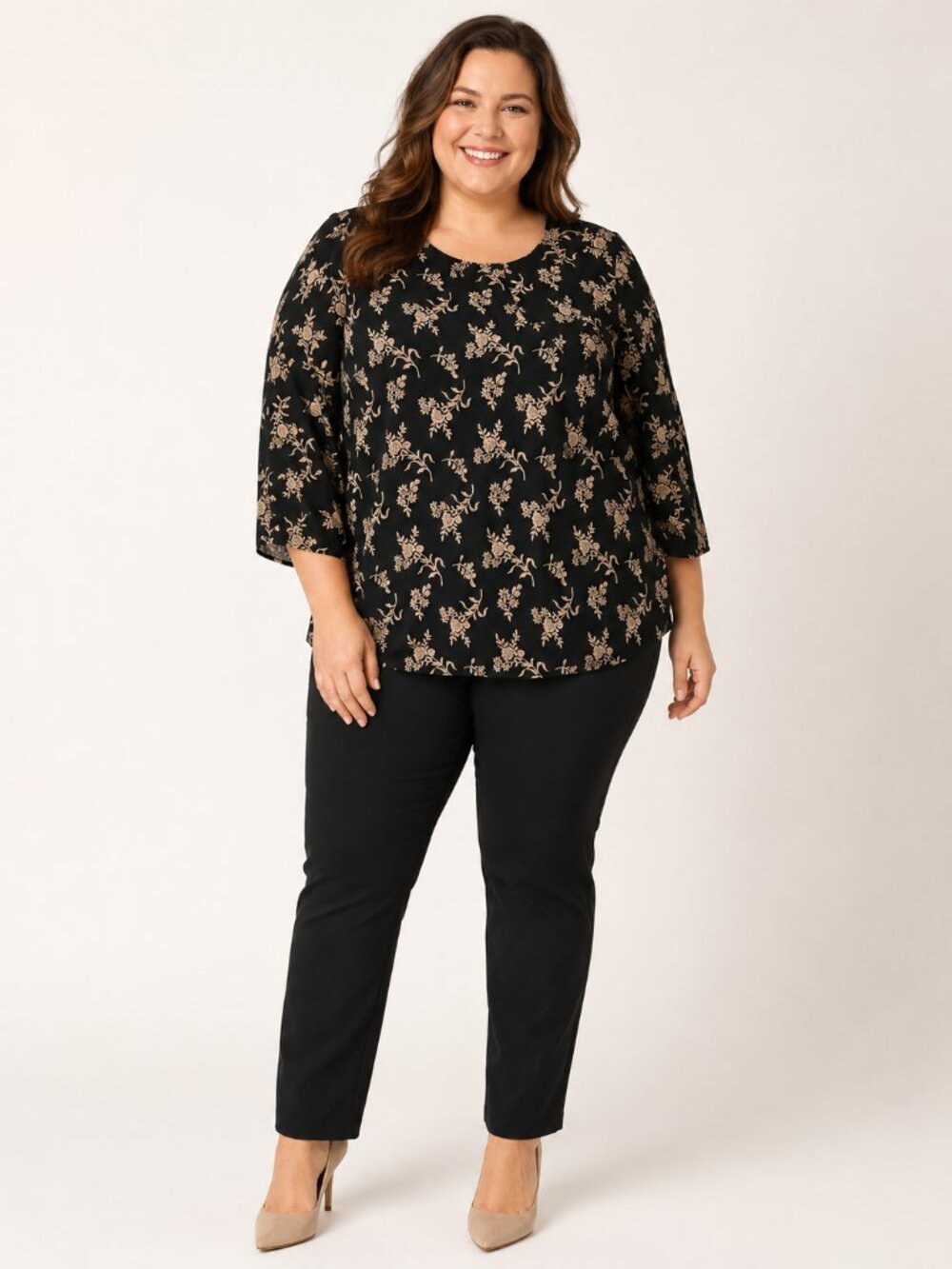 Kathy Lee Woman 22W/24W Black Beige Floral 3/4 Sleeve Blouse Plus Size Career